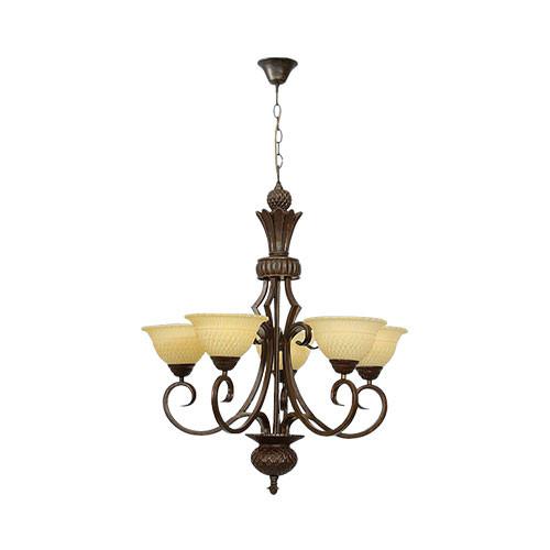 Metal And Resin Chandelier With Brown Glass