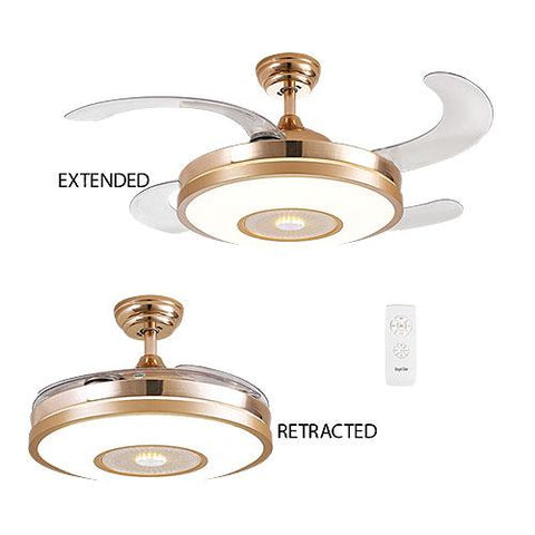 42" 4 Retractable Blade Ceiling Fan with LED Light and Remote - Gold