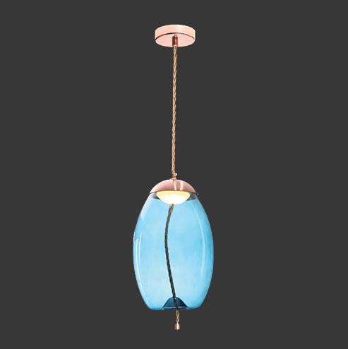 LED Droplet Pendant - Copper with Blue Glass & Rope