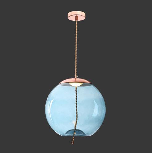 LED Orb Pendant - Copper with Blue Glass & Rope