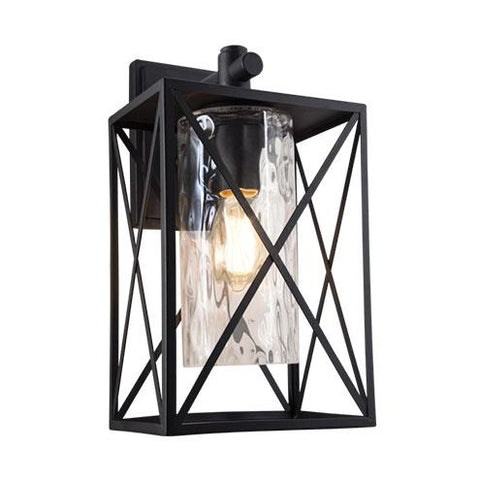 Down Facing Metal Lantern with Textured Clear Glass - Black